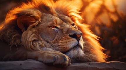 Majestic lion resting, bathed in golden light.