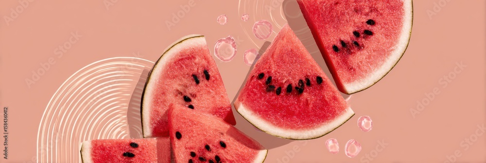 Poster slices of watermelon arranged in an abstract pop-art style minimal layout on a pink background