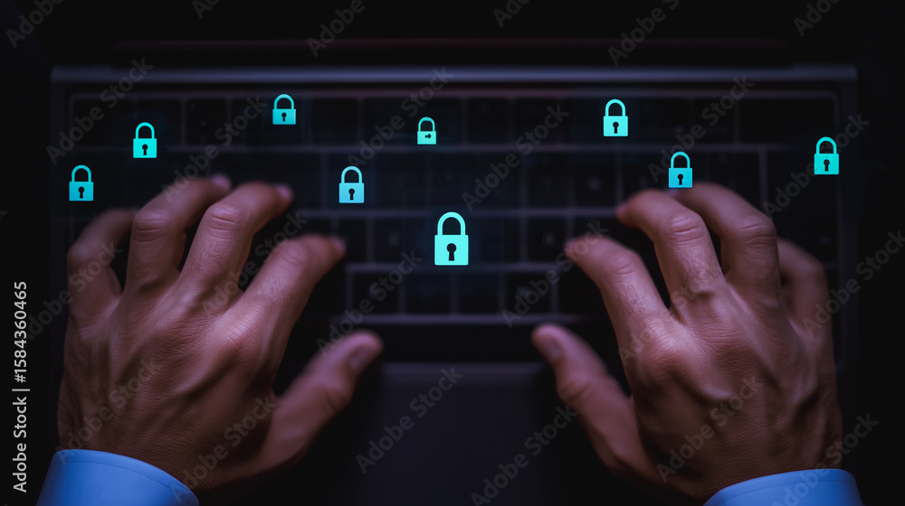 Aufkleber cybersecurity in action: illuminated glowing locks, a symbol of protection, are overlaid upon a lapt