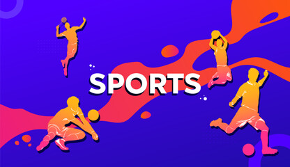 Sports, illustration featuring various athletes in dynamic motion on a colorful abstract background. athletes badminton, football, tennis, basketball, and volley. perfect for sports event. 