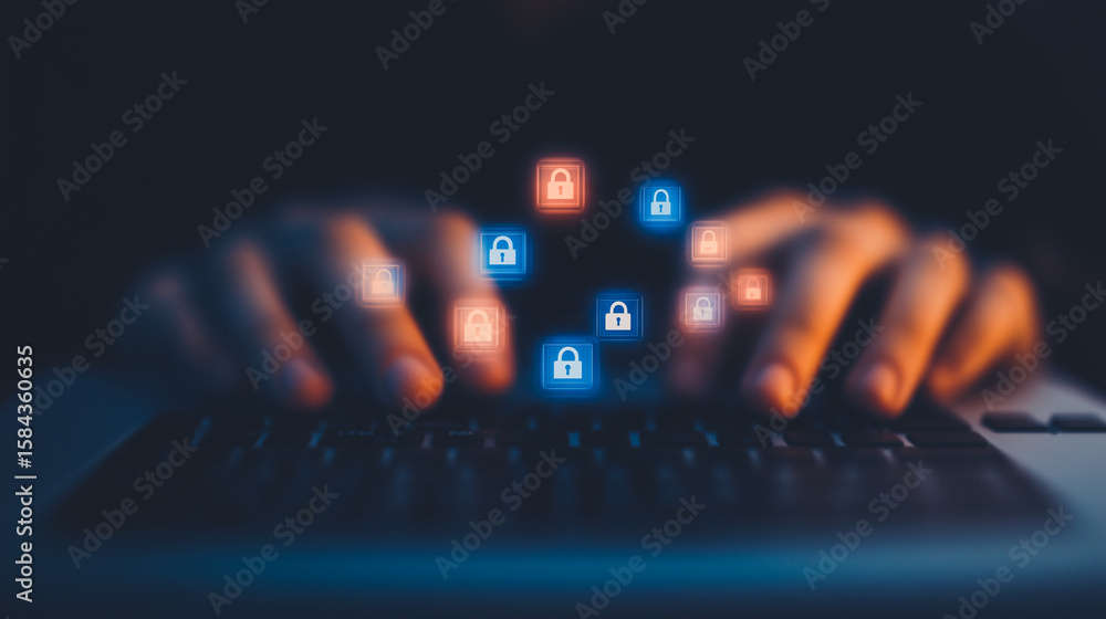Aufkleber cybersecurity vigil: two hands swiftly navigating a keyboard, intertwined with luminous padlocks, vi