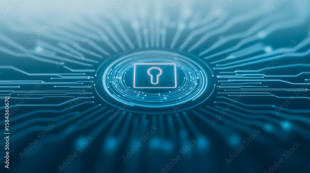 Poster digital fortress: illuminated circuit board with a padlock icon symbolizes robust cybersecurity and 