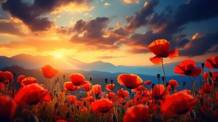 Vibrant poppy field at sunset, peaceful landscape, warm colors.