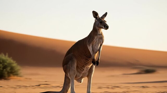 Majestic kangaroo standing tall in australian outback desert landscape under warm sunlight