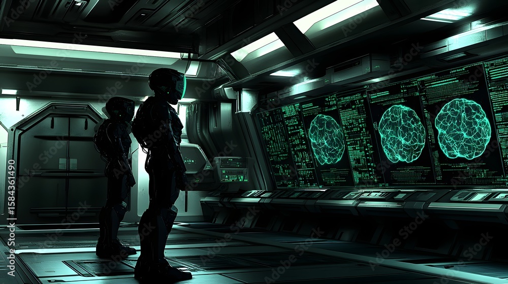 Poster two figures in futuristic spacesuits stand in a technologically advanced corridor.