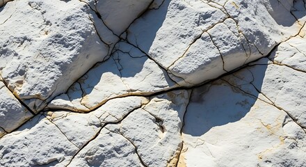 Close-up of a cracked, white rock surface with dark lines running through it, creating a textured and abstract pattern.