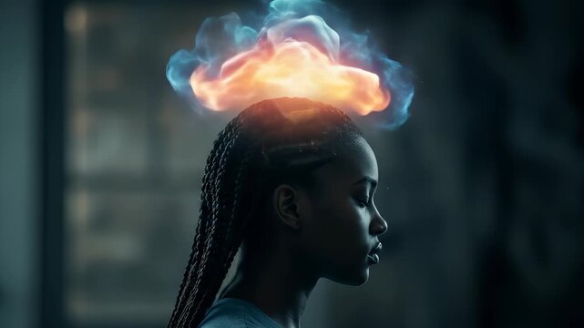 A young African woman meditates with a cloud visualization above her head, signifying mindfulness and mental clarity