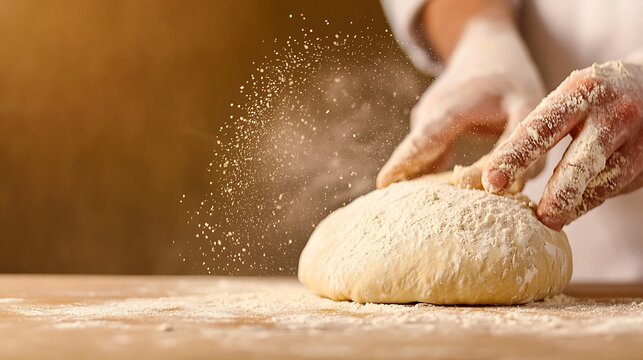 Baker s hands kneading dough with flour dust flying
