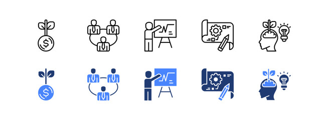 Business incubator icon sheet with Funding, Investor relations, Pitching, Prototype, Growth mindset.