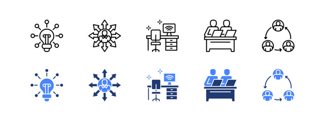 Business incubator icon sheet with Innovation, Networking opportunities, Workspace, Co working space, Resource.