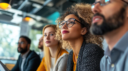 Obraz premium A diverse group of businesspeople watching an engaging presentation on a screen.