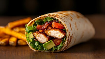 Delicious chicken bacon avocado wrap with crispy fries on a wooden table
