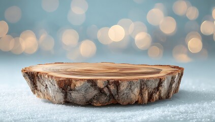 A wooden slice of tree trunk on snow with blurred bokeh lights in the background. Christmas card concept. Space for text, banner, mock-up. Close-up. Front view. Isolated on white.