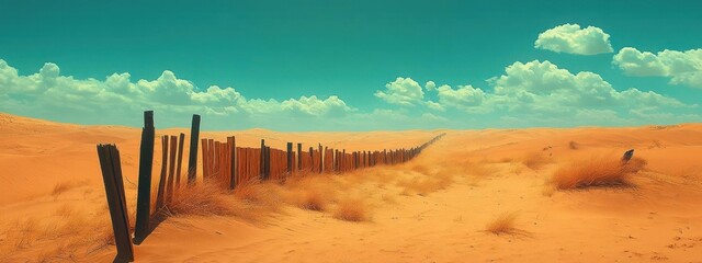 Desert landscape with a weathered fence under a green sky.