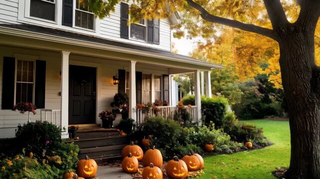 Autumnal charm: White farmhouse adorned with carved pumpkins, fall foliage, and inviting porch during seasonal holidays