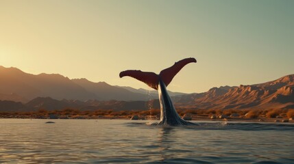 Whale tail breaching at sunset, dramatic landscape.