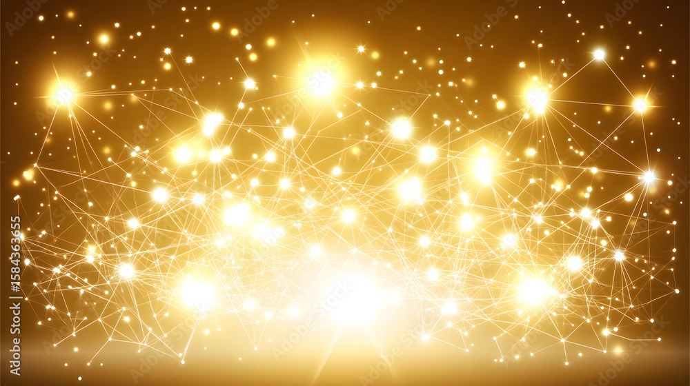 Poster golden network design with glowing points and lines.