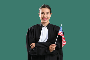 Female judge with USA flag on green background. Labor Day celebration