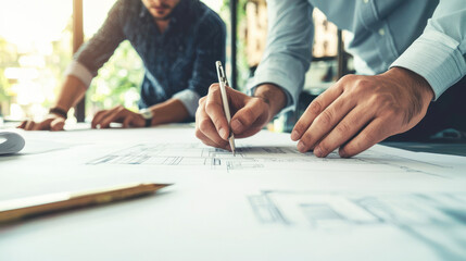 Naklejka premium A team of architects working on a building design together with blueprints.