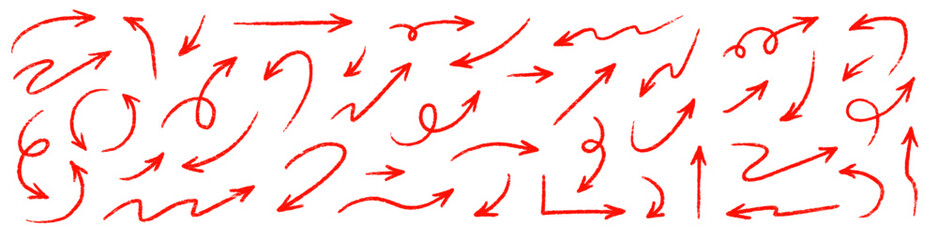Arrow red hand handwritten sketch vector. Hand drawn pencil marker doodle arrow set brush line, curved direction pen style. Big thick rough artistic stroke for red clipart. Vector illustration