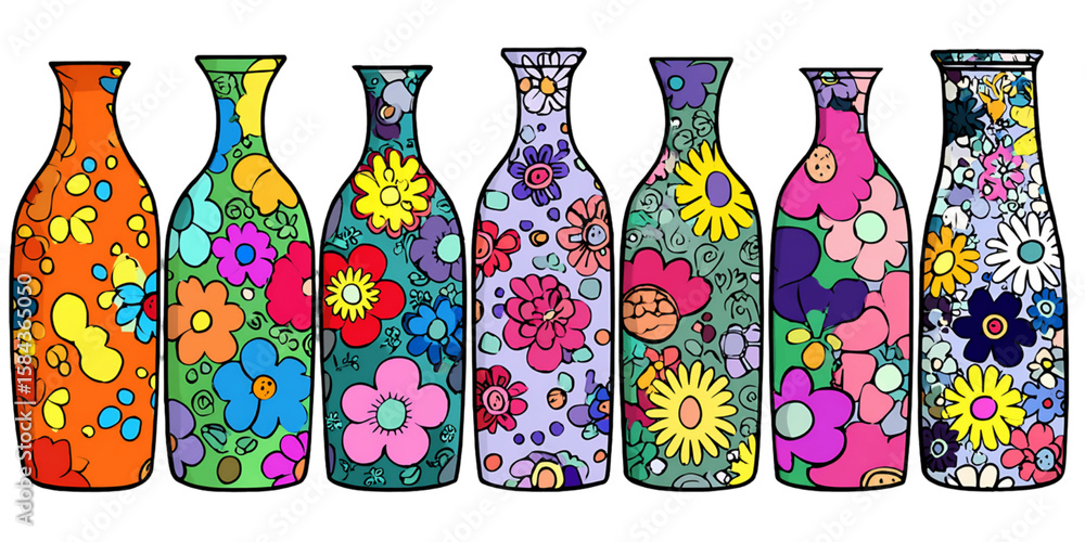 Poster seven bottles with bright floral patterns in vector art on a transparent background featuring vibran
