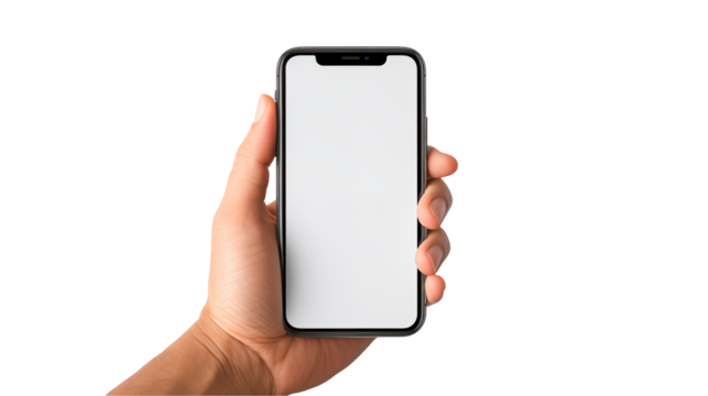 Hand holds a blank screen smartphone against a transparent background - Powered by Adobe