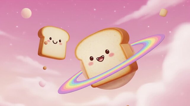 Bread in the sky: A delightful scene of bread slices in the cosmos, each with a cheerful expression, floating around a rainbow planet, against a dreamlike pastel backdrop.