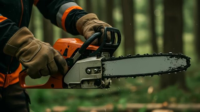 Close-up of Lumberjack Holding Chainsaw in Forest Environment for Tree Cutting
