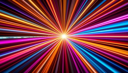 Vibrant multicolored radiating beams converging into a bright central focal point creating dynamic