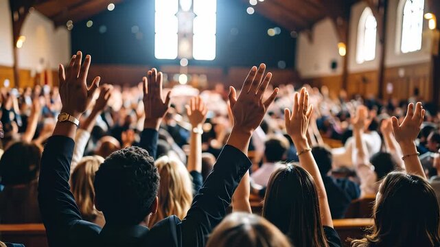 Diverse congregation raising hands in worship service at a church with reverence