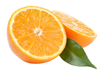 Tow halves of ripe orange with one green leaf isoated on white background and generated with AI