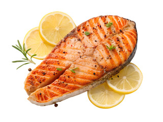 Top view of grilled salmon steak with lemon slices and spices isolated and generated with AI in png file format