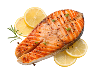 Top view of grilled salmon steak with lemon slices and spices isolated and generated with AI in png file format