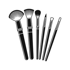 Makeup brush set icon in black silhouette. Beauty tools for cosmetic application vector.
