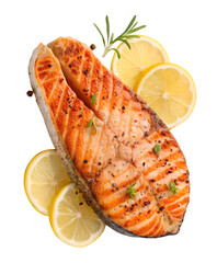 Top view of grilled salmon steak with lemon slices and spices isolated and generated with AI in png file format