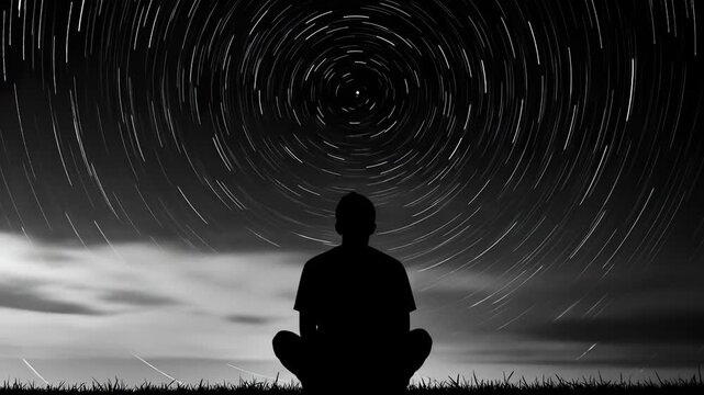 Meditative contemplation beneath a swirling celestial canopy, a spiritual and temporal journey