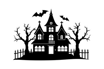 Haunted House Silhouette with Bats and Creepy Trees. Spooky Halloween Castle Vector