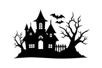 Haunted House Silhouette with Bats and Creepy Trees. Spooky Halloween Castle Vector
