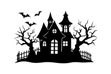 Haunted House Silhouette with Bats and Creepy Trees. Spooky Halloween Castle Vector