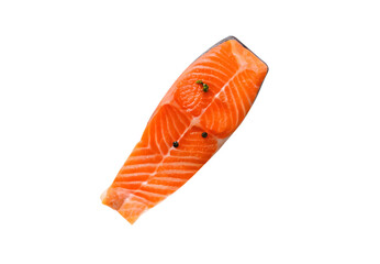 Top view of single raw salmon meat with pepper or spices isolated and generated with AI in png file format