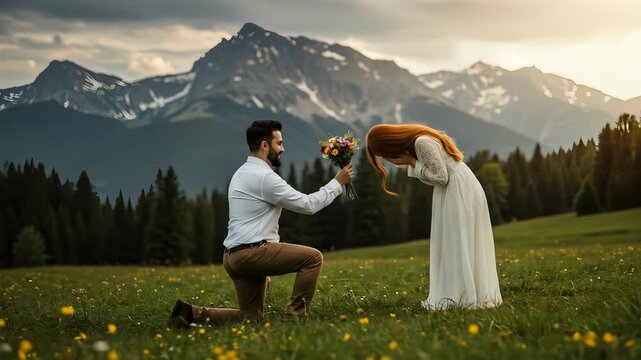 Romantic proposal at sunset in idyllic mountain setting, love and commitment concept