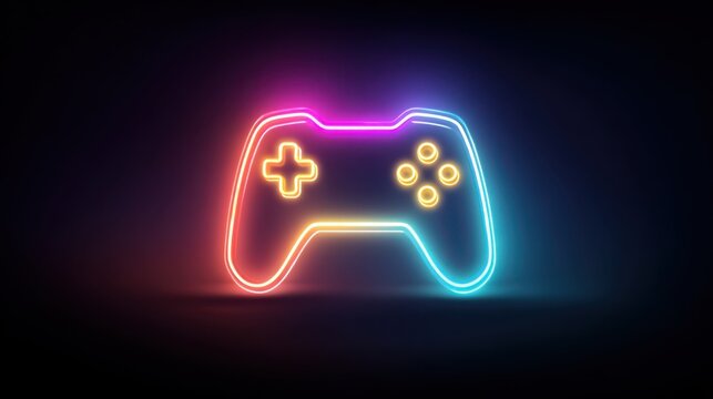 Vibrant neon game controller outline glowing against a dark moody background - Powered by Adobe