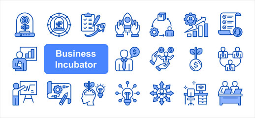 Business incubator editable stroke icon set, with Startup, Funding, Business development, Product development, Business plan, Innovation.