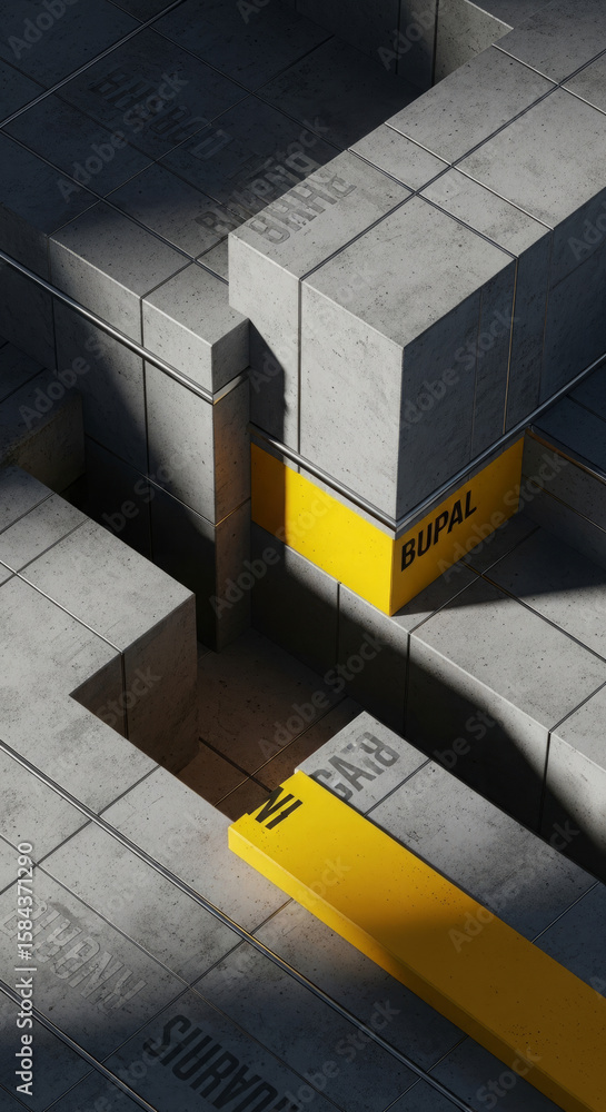 Poster abstract geometric composition with gray blocks and yellow accents, creating a sense of depth and ar