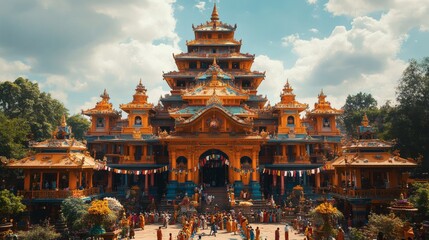 Fototapeta premium Grand temple complex with tiered structures and colorful decorations.
