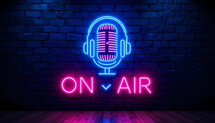 Neon microphone with headphones and on air sign against a brick wall background in dark setting