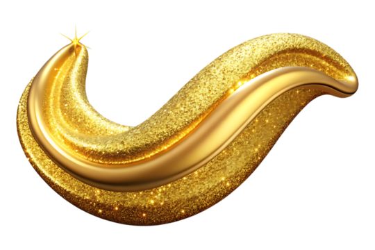 Abstract golden ribbon with glitter and star detail isolated on transparent background