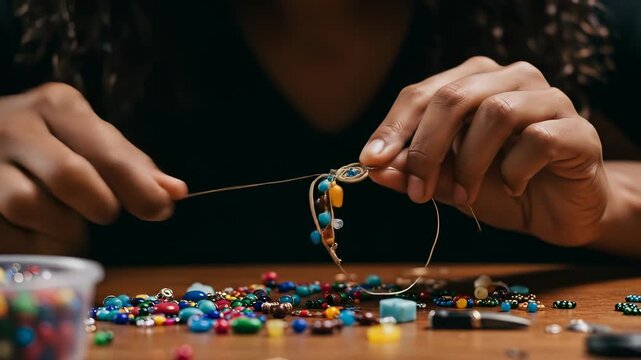 Close-up of an artisan carefully stringing beads to craft unique jewelry piece
