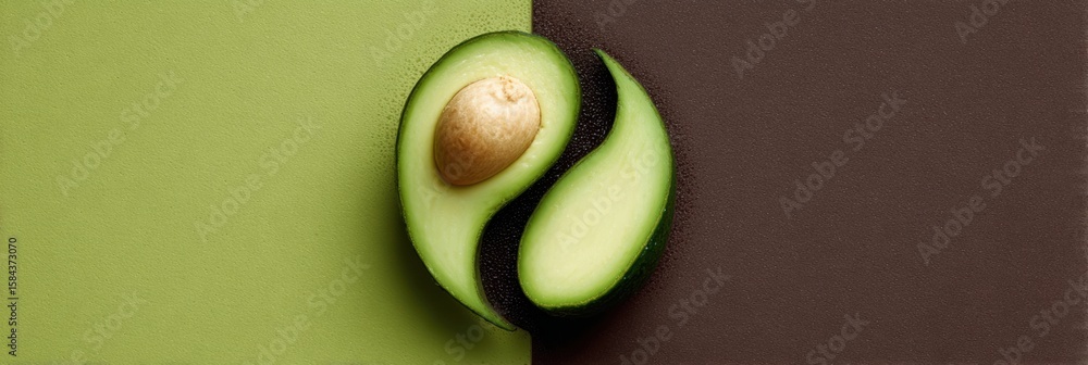 Poster sliced avocado arranged in a yin-yang style showcasing balance and wellness with an open upper zone