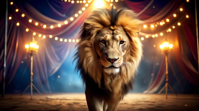 Majestic Lion Prowling on a Circus Stage with Vintage Lighting and Festive Decor